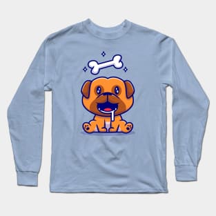 Cute Pug Dog Hungry With Bone Cartoon Long Sleeve T-Shirt